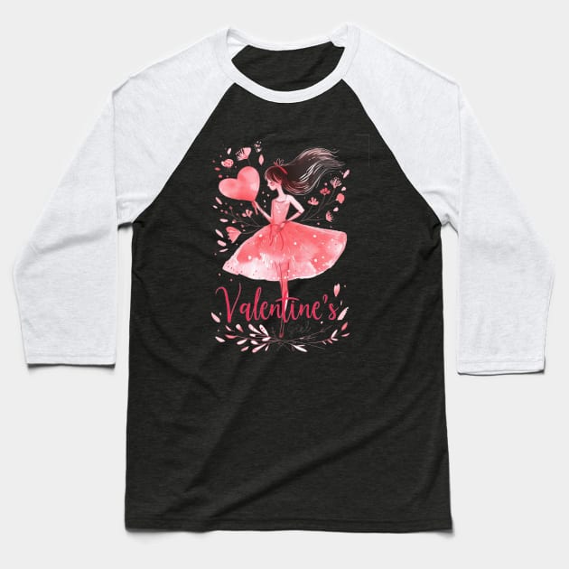 Valentine's Girl: Pink & Brown Doodle Watercolor Heart Tee Baseball T-Shirt by YUED